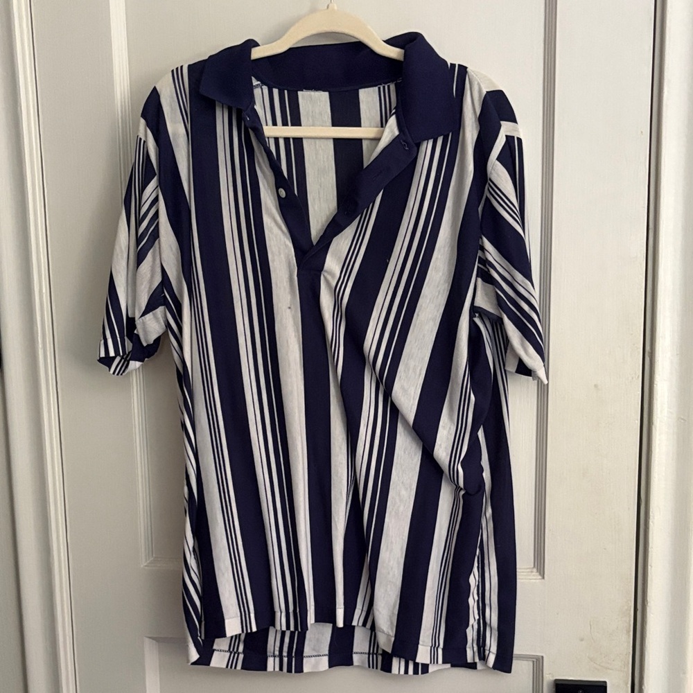 Navy and White Striped Women's Polo Shirt